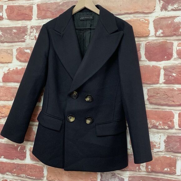 Zara Woman Peacoat Women's Small Black Wool Blend Casual Work Office Coat Jacket - Picture 3 of 9